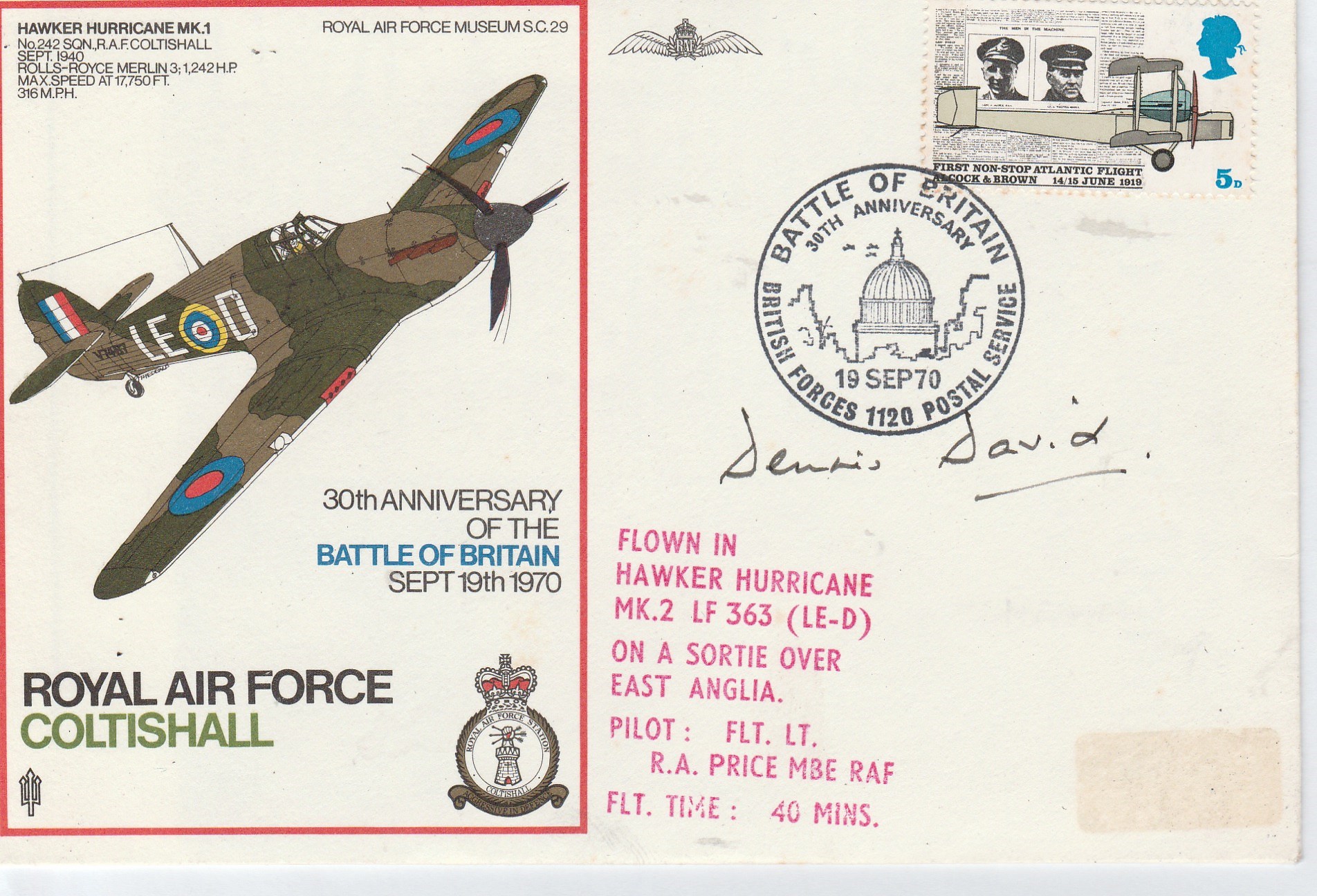 RAF FDC commemorating 30th Anniversary 1940-1970 of the Battle of Britain signed by Group Captain