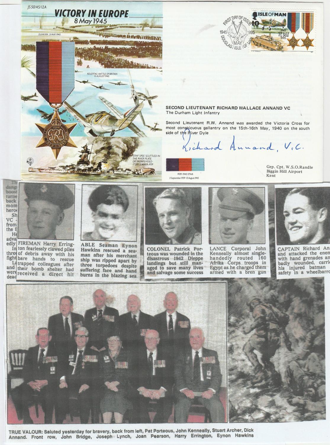 Commemorative FDC JS50, 45, 12A 'Victory in Europe 8 May 1945. Signed by 2nd Lieutenant Richard