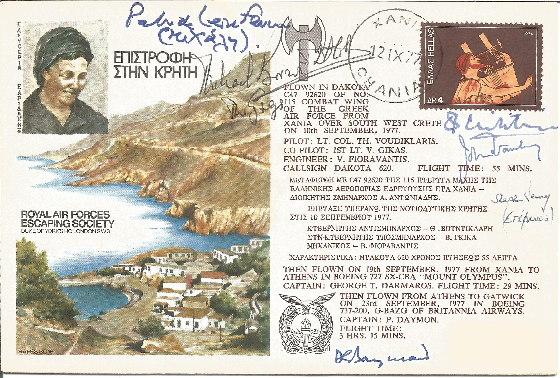 Six WW2 Escapers signed cover. R. A. F. E. S. Escape from Crete multi signed RAF cover. Flown in