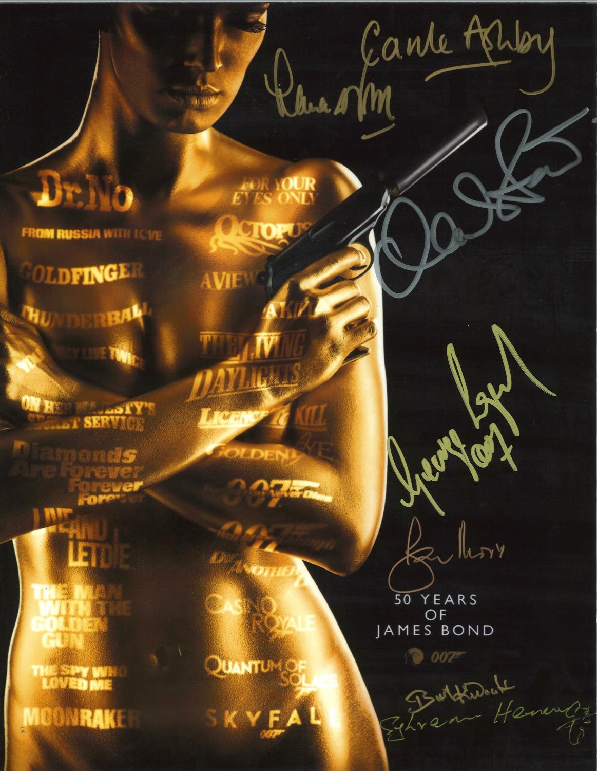 Multi signed 50 years of James Bond 14x11 colour photo. Signed by 7 including Carole Ashby, Lana