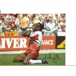 Martin Offiah 10x8 Signed Colour Photo Pictured Moments After Scoring His Iconic Try For Wigan