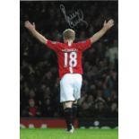 Football Autographed Paul Scholes Photo, A Superb Image Depicting Scholes, Arms Aloft In