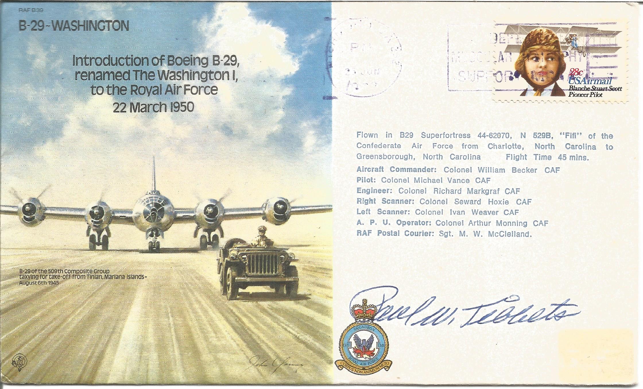 Atom bomber Paul Tibbets signed cover. B-29-Washington Introduction of Boeing B-29 renamed