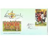 Bobby Moore signed 1985 Tuvalu World Cup football FDC. Moore was captain of the 1966 World Cup team.