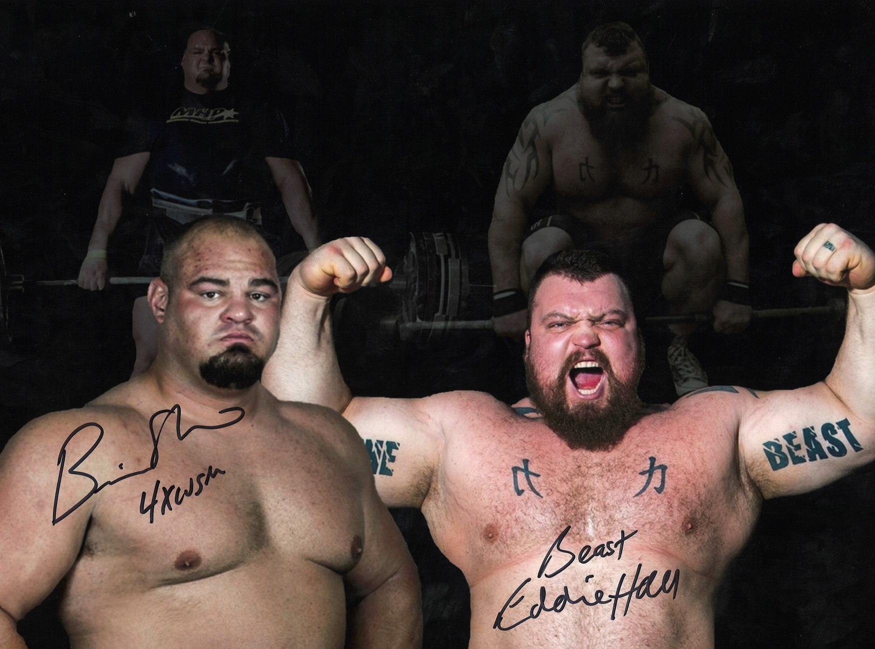 Strongman 16x 12 colour photo signed by Brian Shaw and Eddie The Beast Hall. Good Condition. All