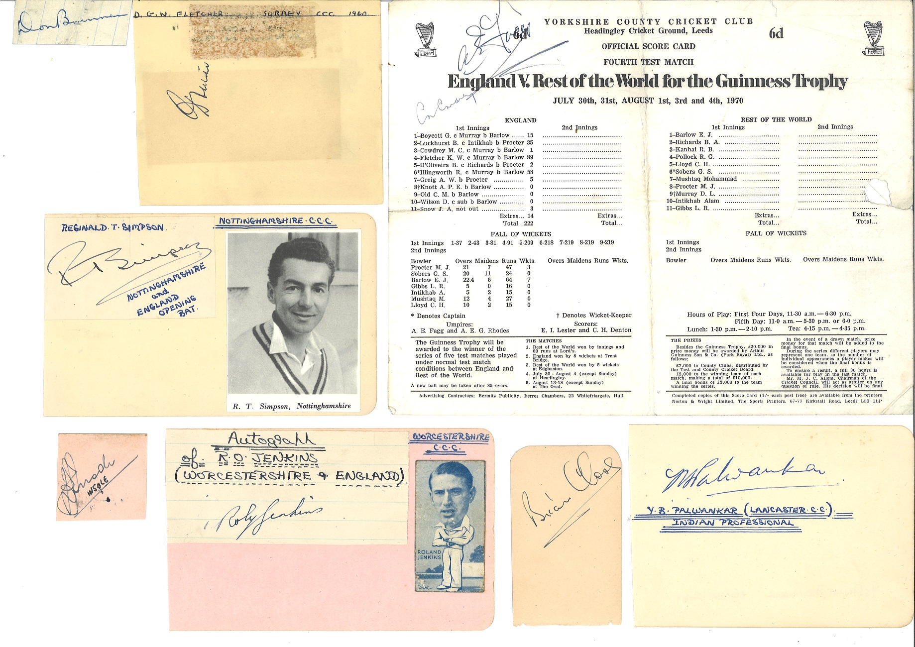 Cricket collection 9 vintage signature pieces includes Don Bradman, Colin Cowdrey, Tony Greig, Brian