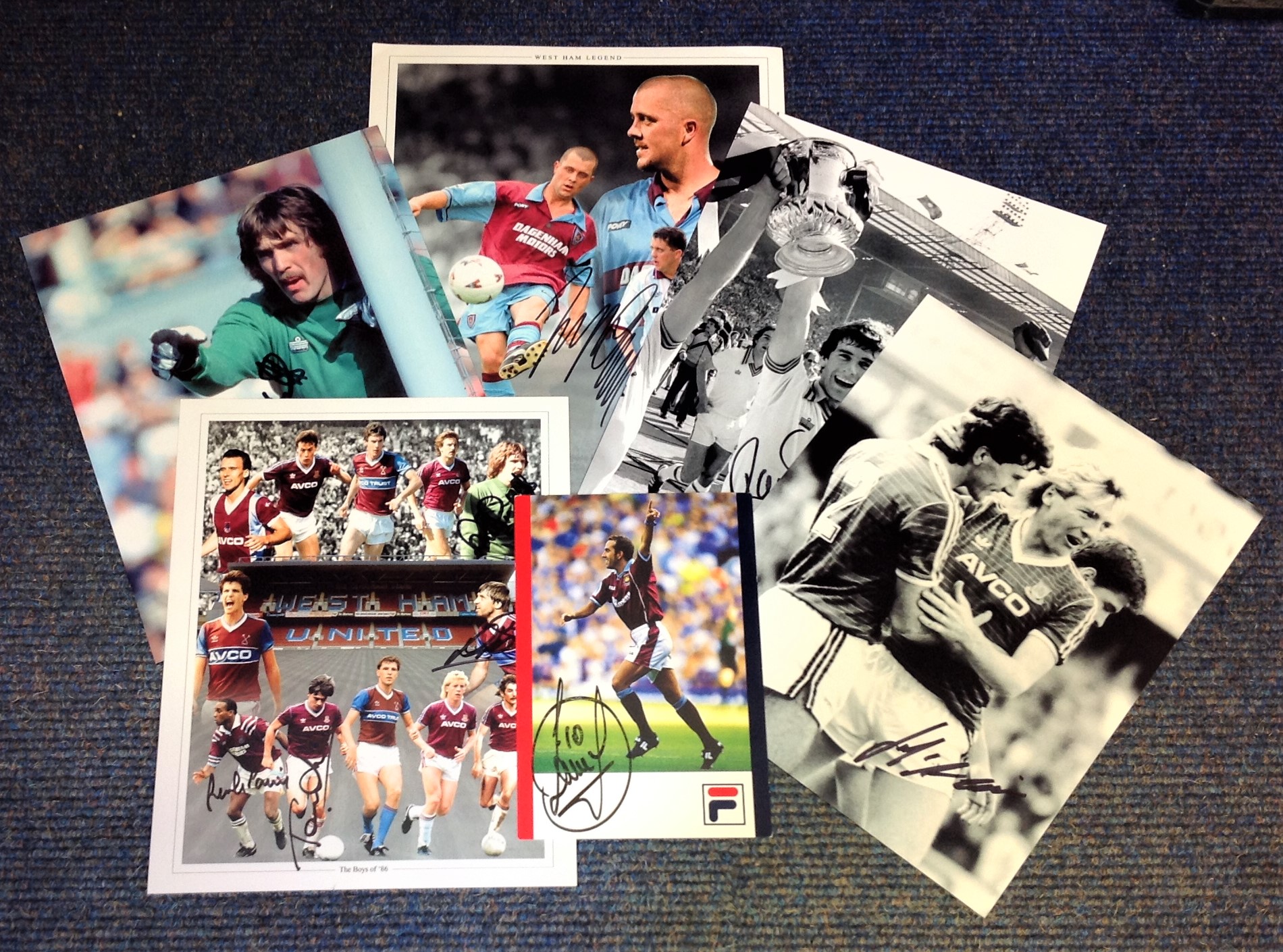 Football West Ham United collection 6 signed photos and promo cards 9 signatures of Hammers that