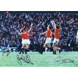 Football Autographed MAN UNITED photo, a superb image depicting GORDON HILL being congratulated by