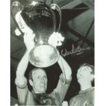 Football Bobby Charlton 10x8 signed black and white photo pictured lifting the European Cup for