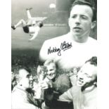 Football Nobby Stiles 10x8 signed black and white montage photo pictured in action for England and