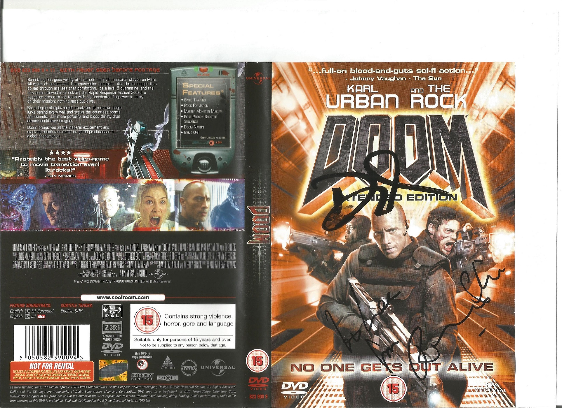 The Rock and Rosamund Pike signed Doom DVD sleeve. DVD included. Good Condition. All autographs