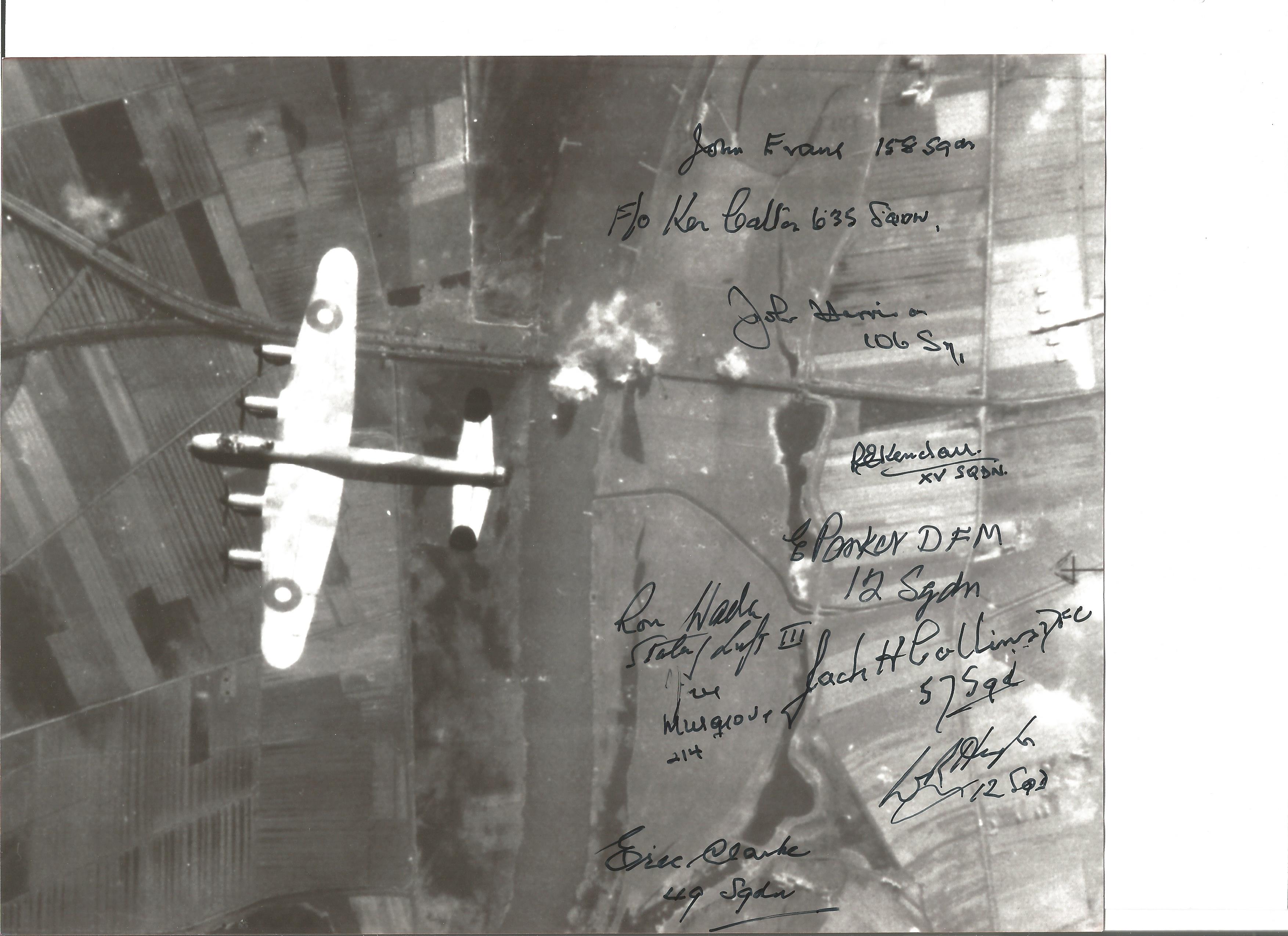 Lancaster Over Target 10 x 8 inch black and white photo signed by 10 Bomber Command veterans. F/O