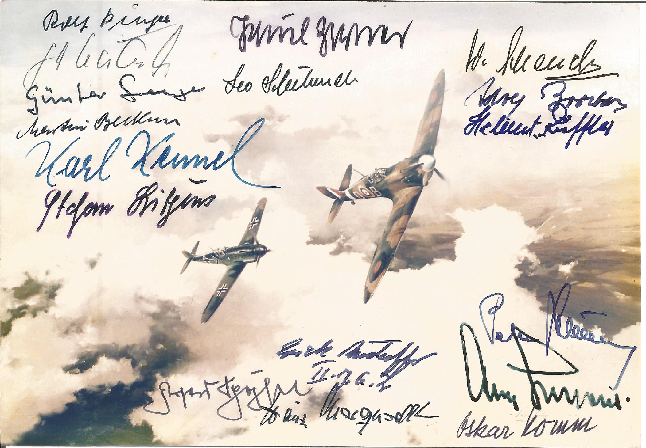 Multiple signed Luftwaffe World War Two rare 5x7 colour photo signed by 17, Luftwaffe Fighter Pilots