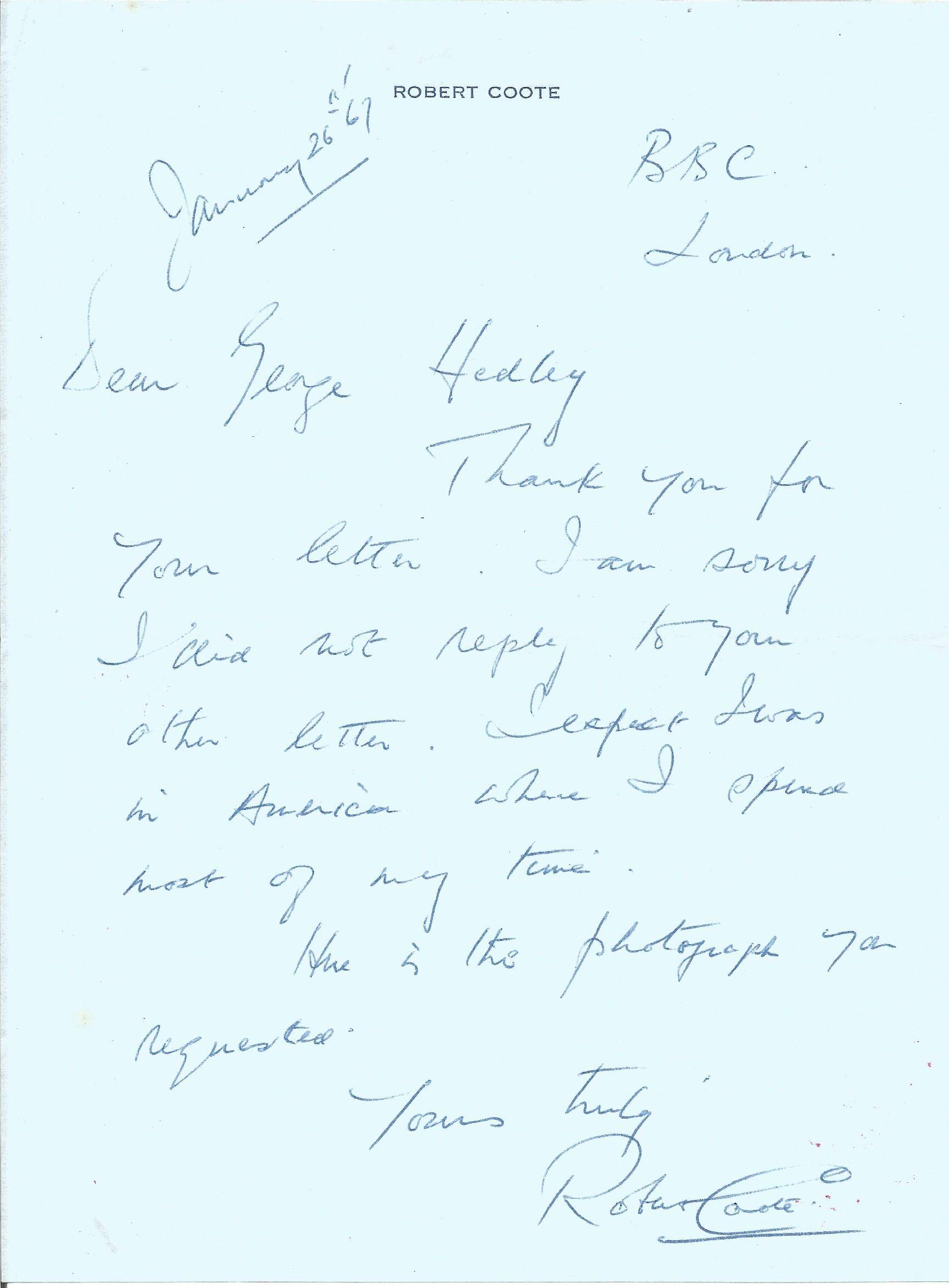 Robert Coote actors hand written letter. English actor. He played aristocrats or British military