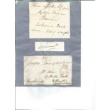 1800s autographs set in blue card, note signed by Robert Peel 1849, small signature piece Disraeli