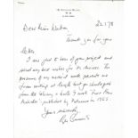 Roger Bannister hand written letter dated 22/1/78 regarding his book First Four Minutes. Good