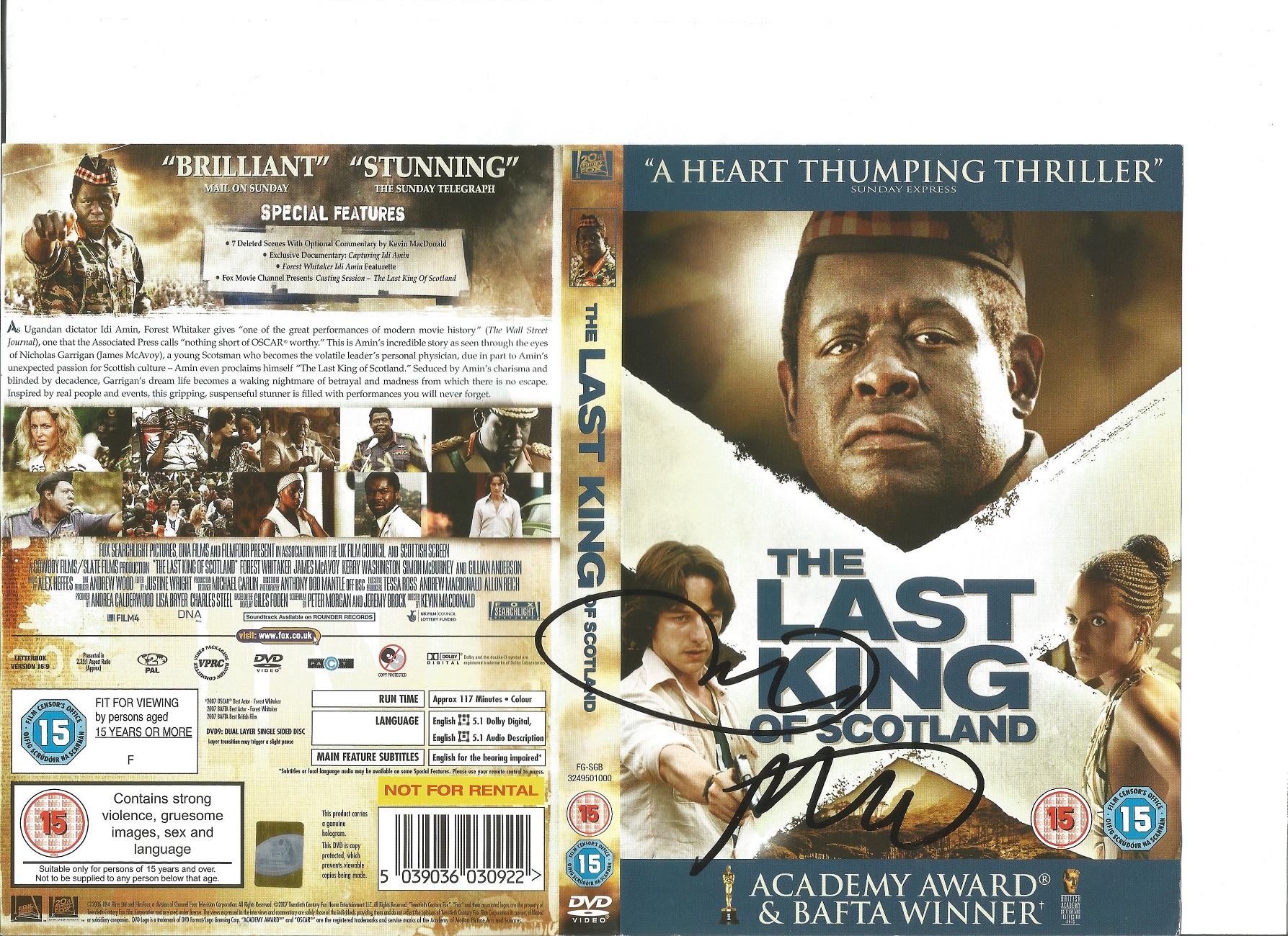 Forest Whitaker and James Mcavoy signed DVD sleeve for The Last King of Scotland. DVD included. Good