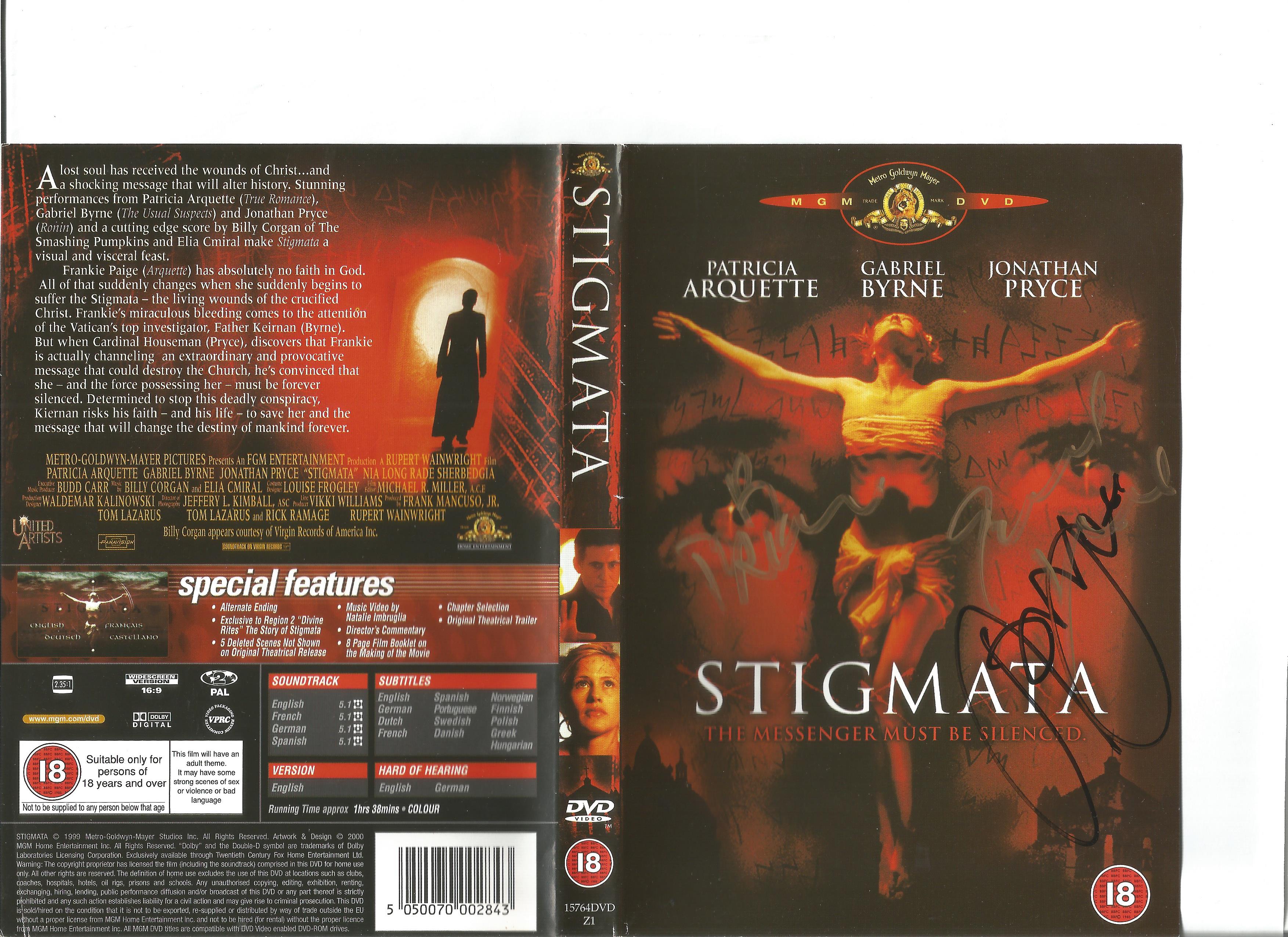 Gabriel Byrne, Jonathan Pryce and one other signed DVD sleeve of Stigmata. DVD included. Good