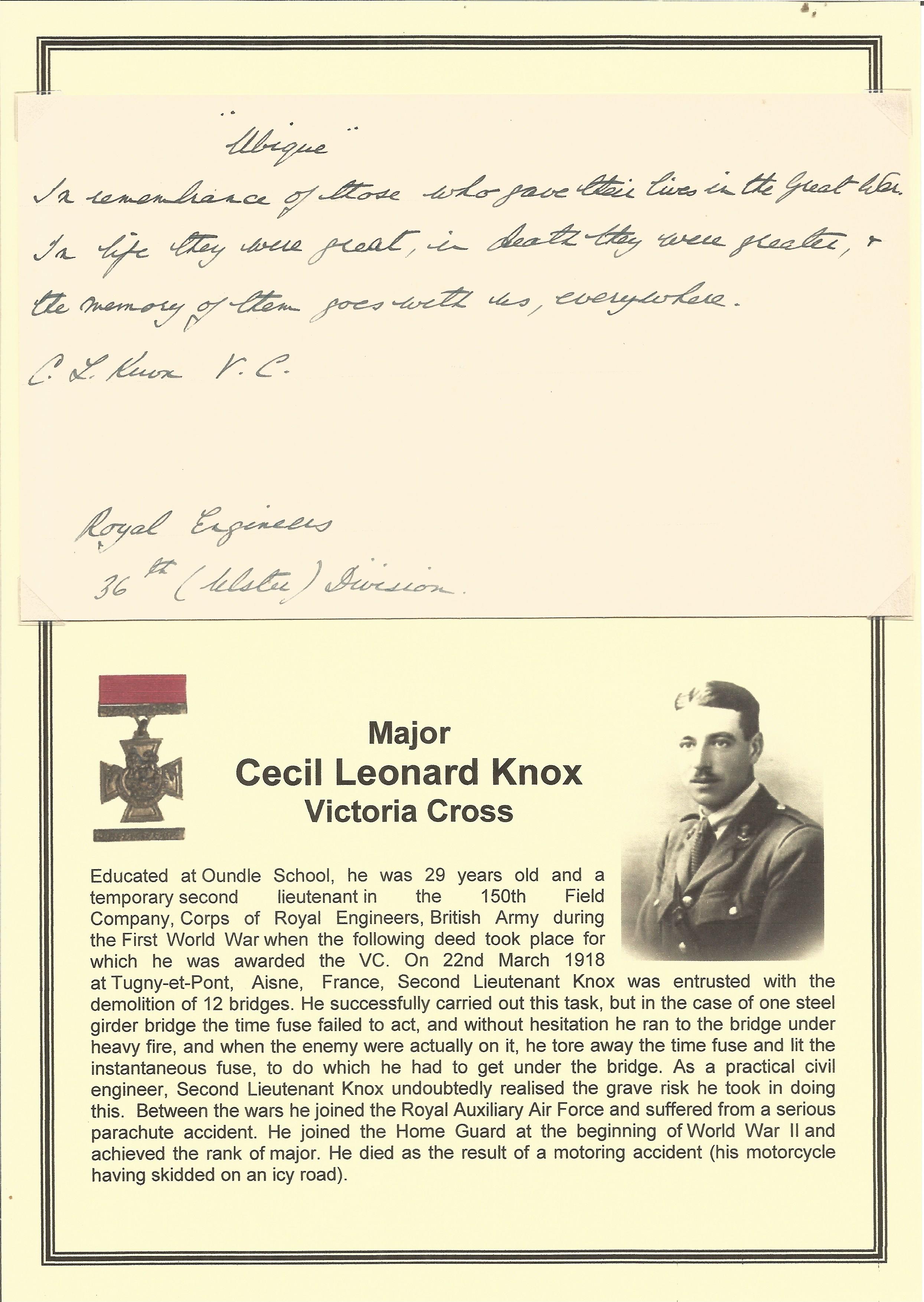 Major Cecil Leonard Knox VC signed and hand-written note on card, to remember those who gave their