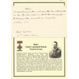 Major Cecil Leonard Knox VC signed and hand-written note on card, to remember those who gave their