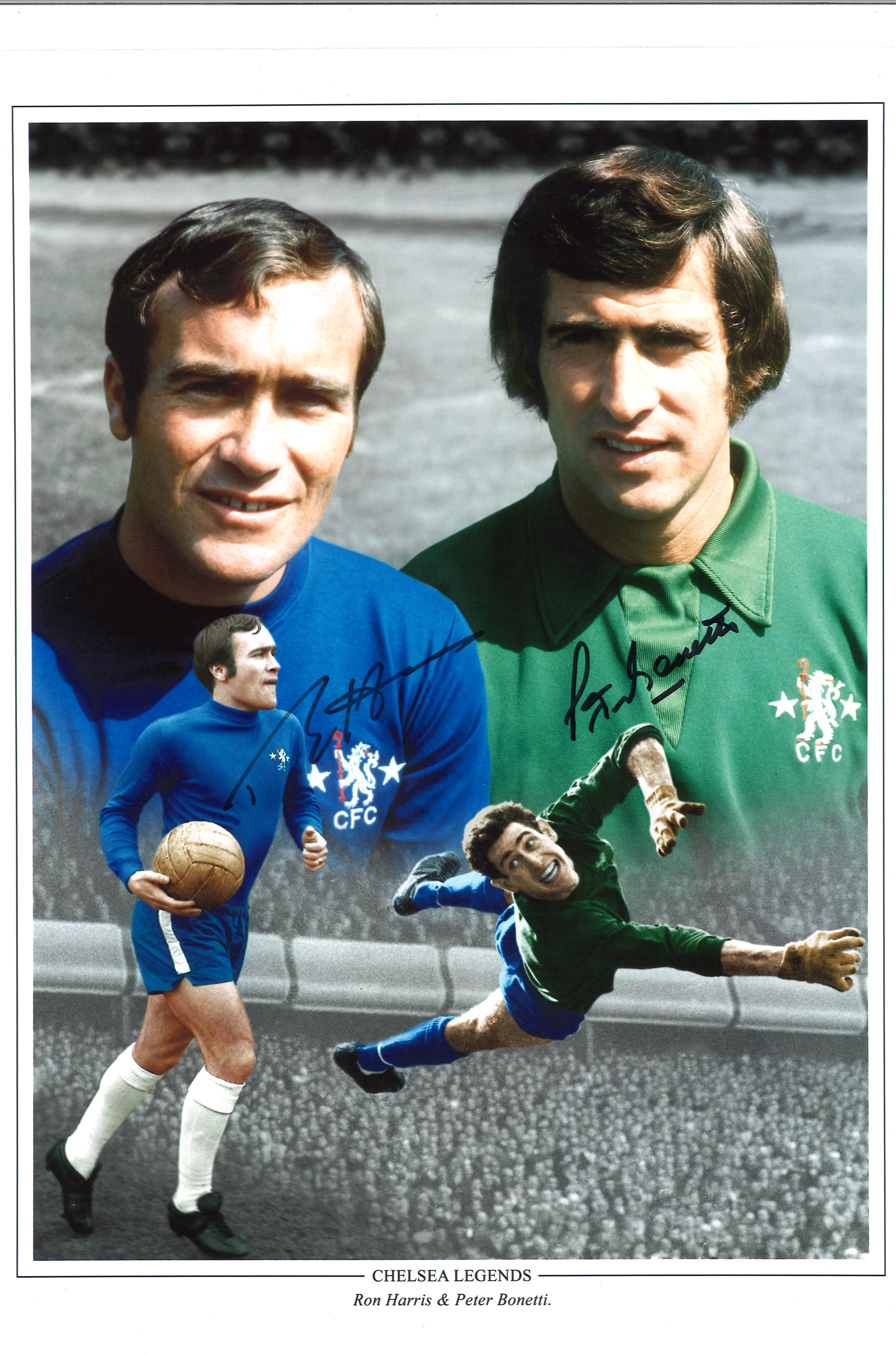 Ron Chopper Harris and Peter Bonetti signed 16x12 Chelsea Legends colour montage photo. Good