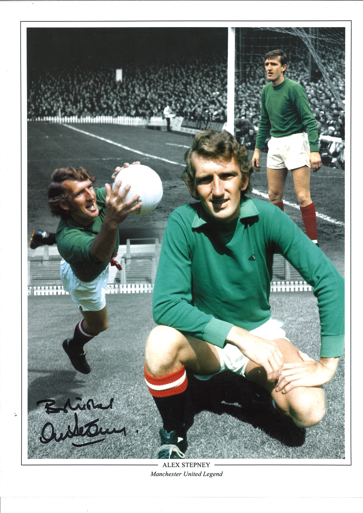 Alex Stepney signed 16x12 colour Man Utd montage photo. Good Condition. All autographs are genuine