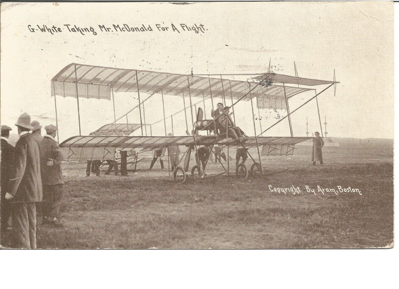 1910 G White taking Mr MacDonald for a flight vintage postcard, Historical interest in senders - Image 2 of 2