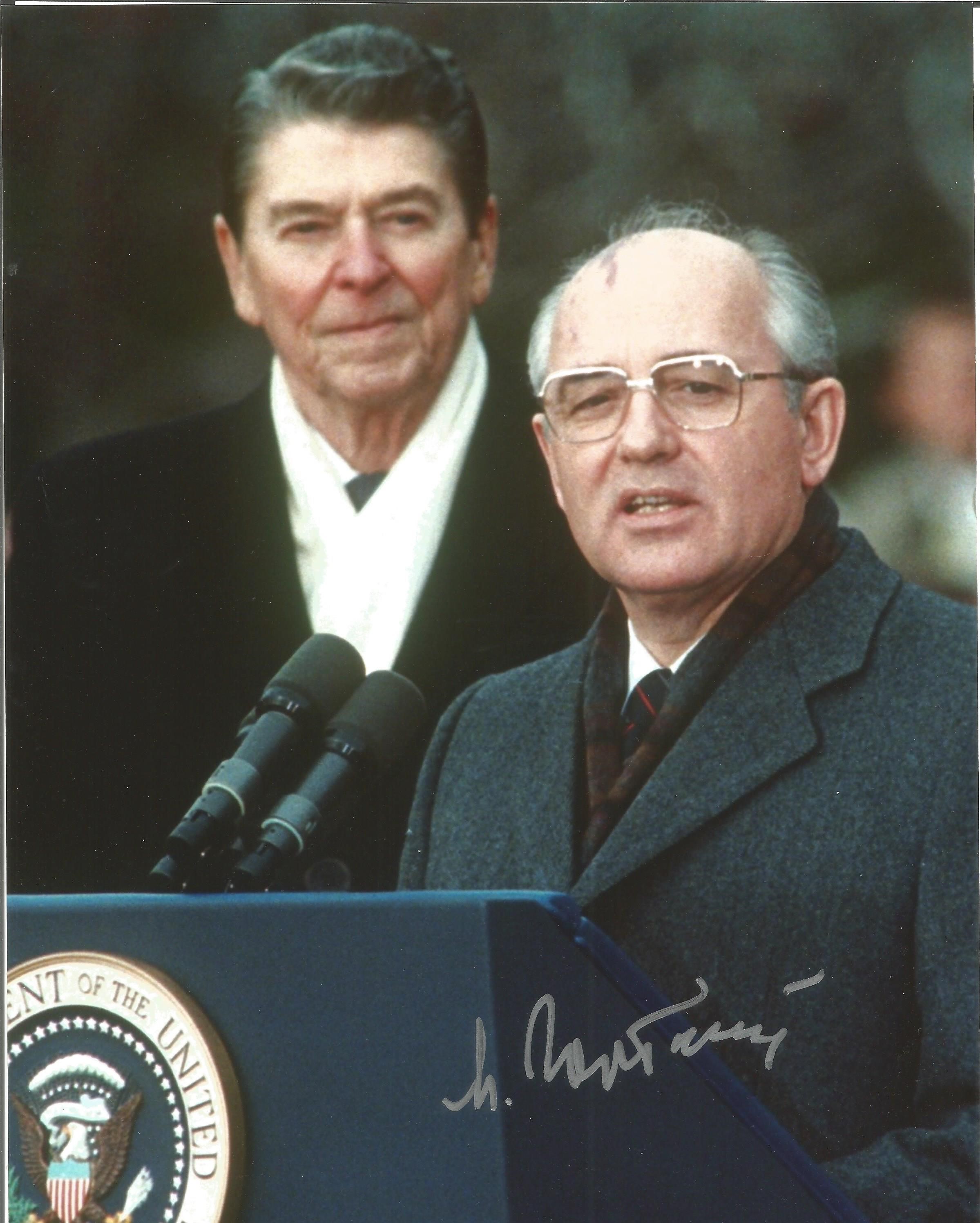 Mikhail Gorbachev signed 10x8 colour photo of him with Ronald Reagan. Good Condition. All autographs