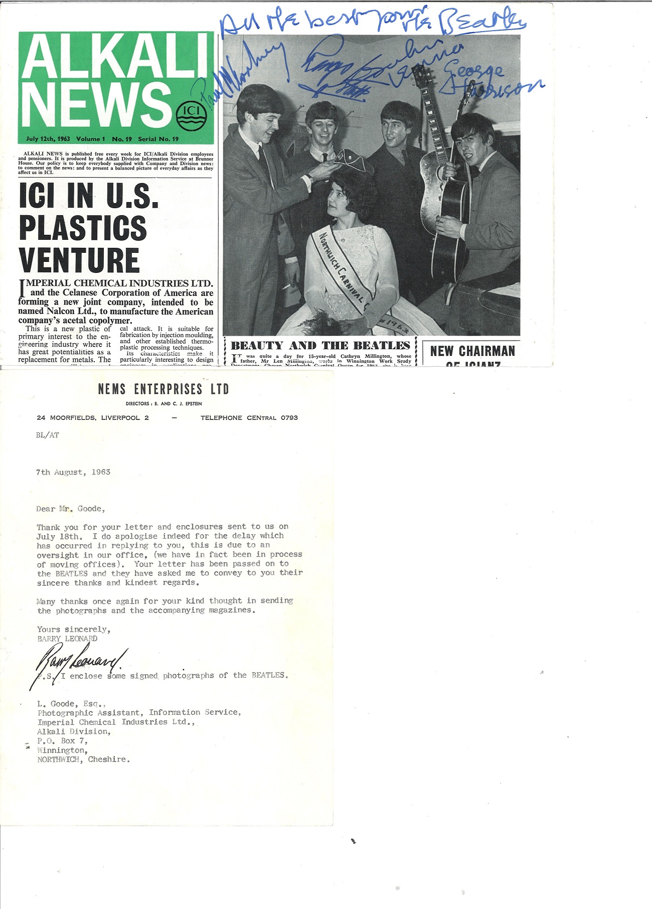 Beatles John Lennon signed 1963 Alkali News newspaper, an in house magazine for chemical giant