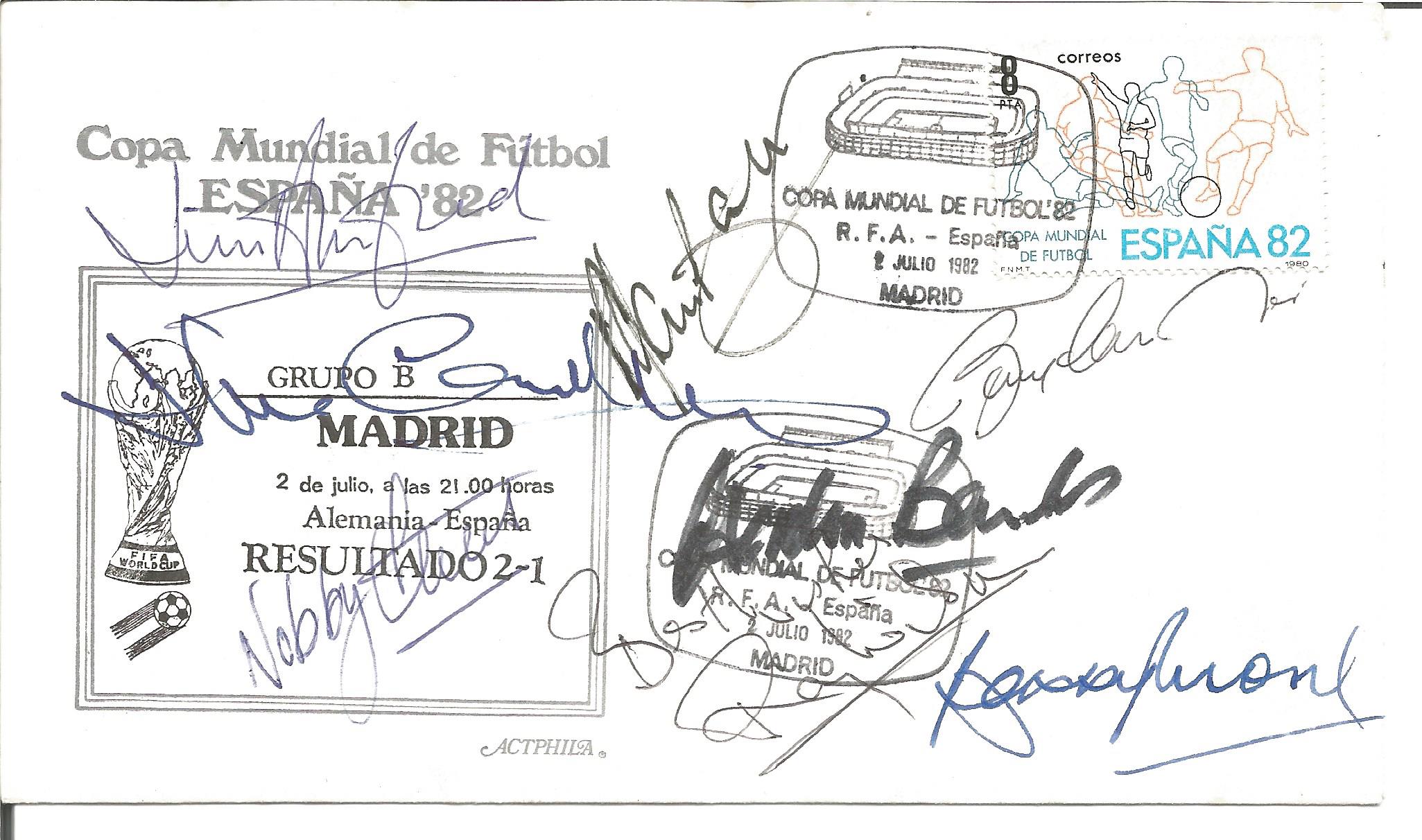 Football Cpa Mundial de Futbol Espana 82 FDC signed by 8 England legends Bobby Moore, Gordon