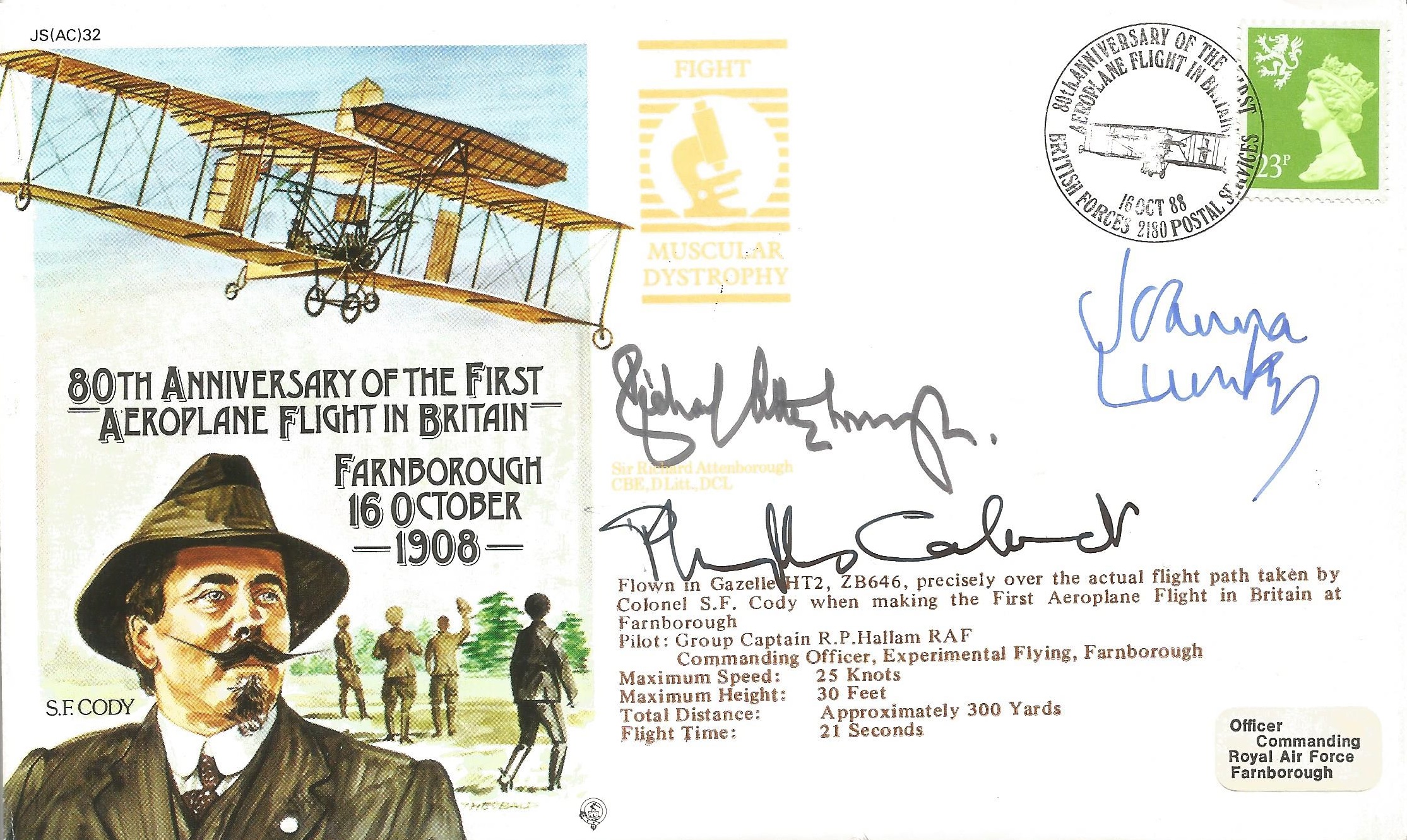 Actors Phyliss Calvert, Joanna Lumley, Richard Attenborough signed 80th ann flight cover. Good