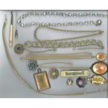 Costume jewellery collection. Includes necklaces brooches, wristband and more. Good condition Est.