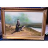 Otters original oil painting on canvas in attractive gilt frame signed Nanee/ Nance? Approx 36 x