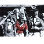 Football Jimmy Greenhoff 12x16 signed colour enhanced photo pictured celebrating after Manchester