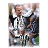 Football Alan Shearer 16x12 signed colour montage photo pictured in action for Newcastle United.