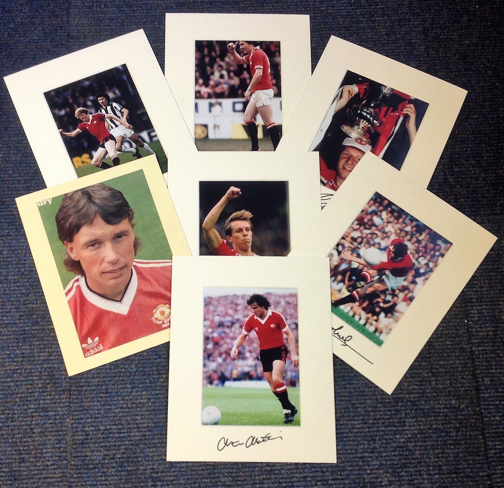 Manchester United collection 7, 8x10 signed mounted colour photos signatures include Stuart Pearson,