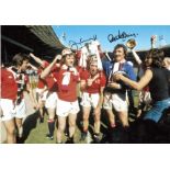 Football Jimmy Greenhoff and Alex Stepney 16x12 signed colour photo pictured celebrating after