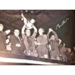 Football Bobby Charlton signed 18x24 black and white canvas pictured lifting the European Cup for