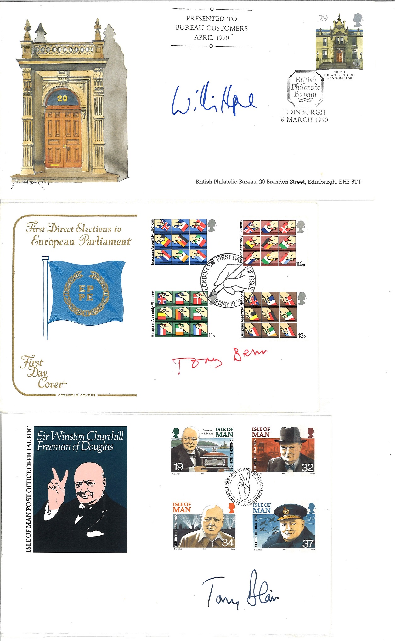 Political FDC signed collection. Includes 3 covers individually signed by Tony Benn, William Hague