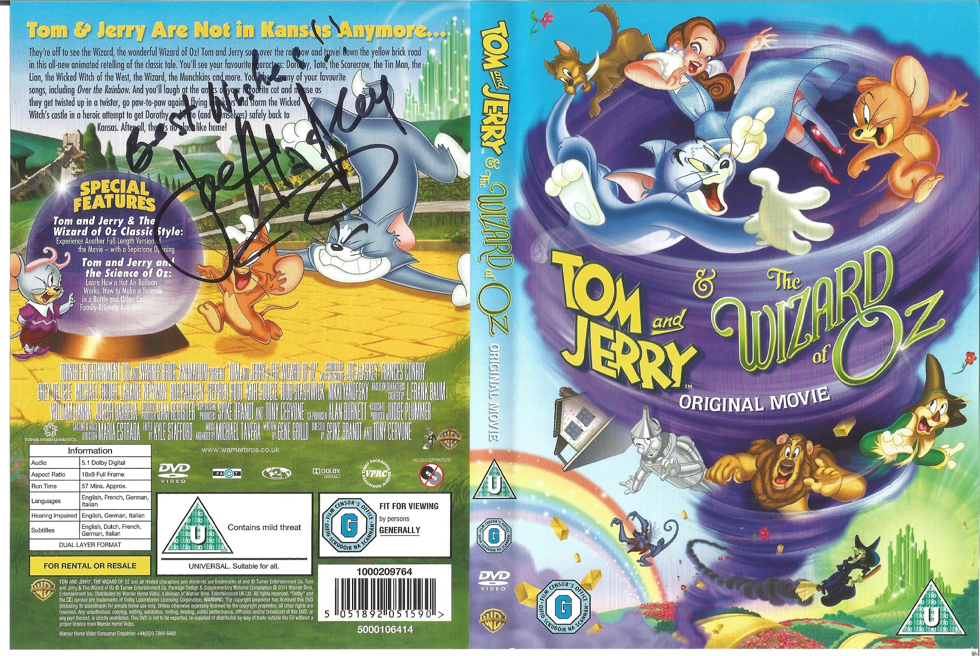 Tom and Jerry and the Wizard of OZ original movie DVD signed on the cover by Joe Alaskey. Disc