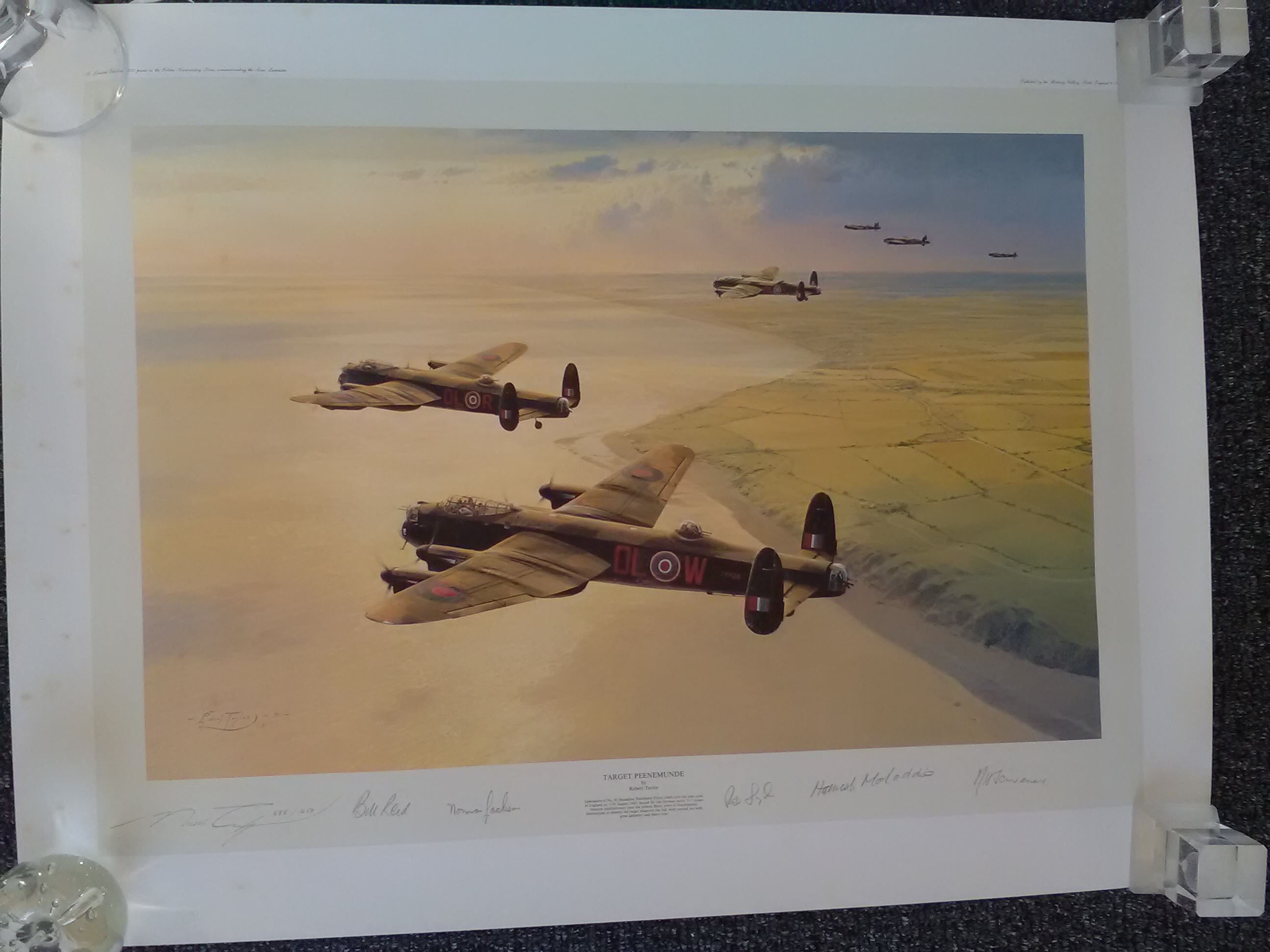 Target Peenemunde multiple signed WW2 Robert Taylor print. 33 x 25 inches. Numbered 588/1250.