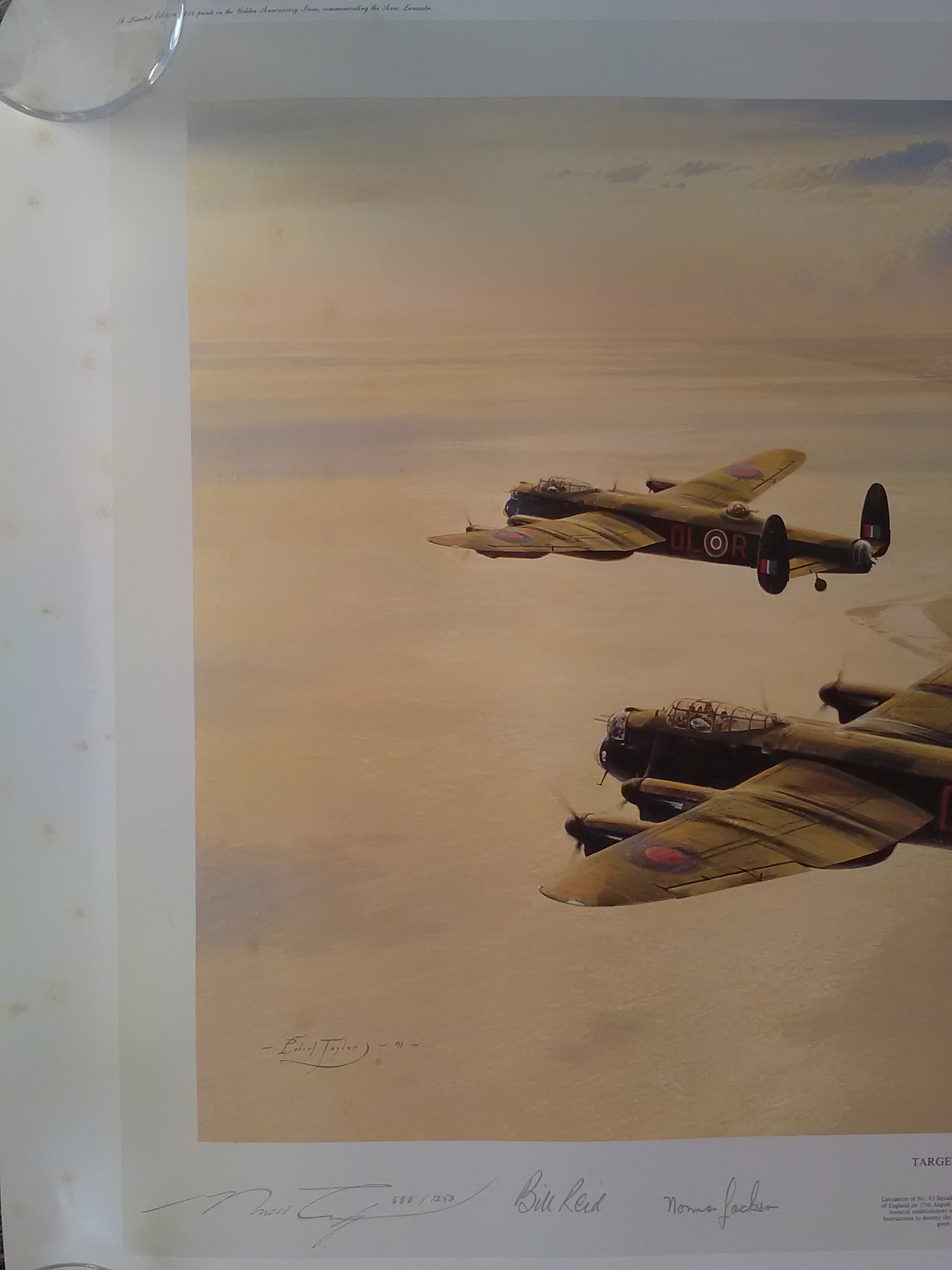 Target Peenemunde multiple signed WW2 Robert Taylor print. 33 x 25 inches. Numbered 588/1250. - Image 3 of 3