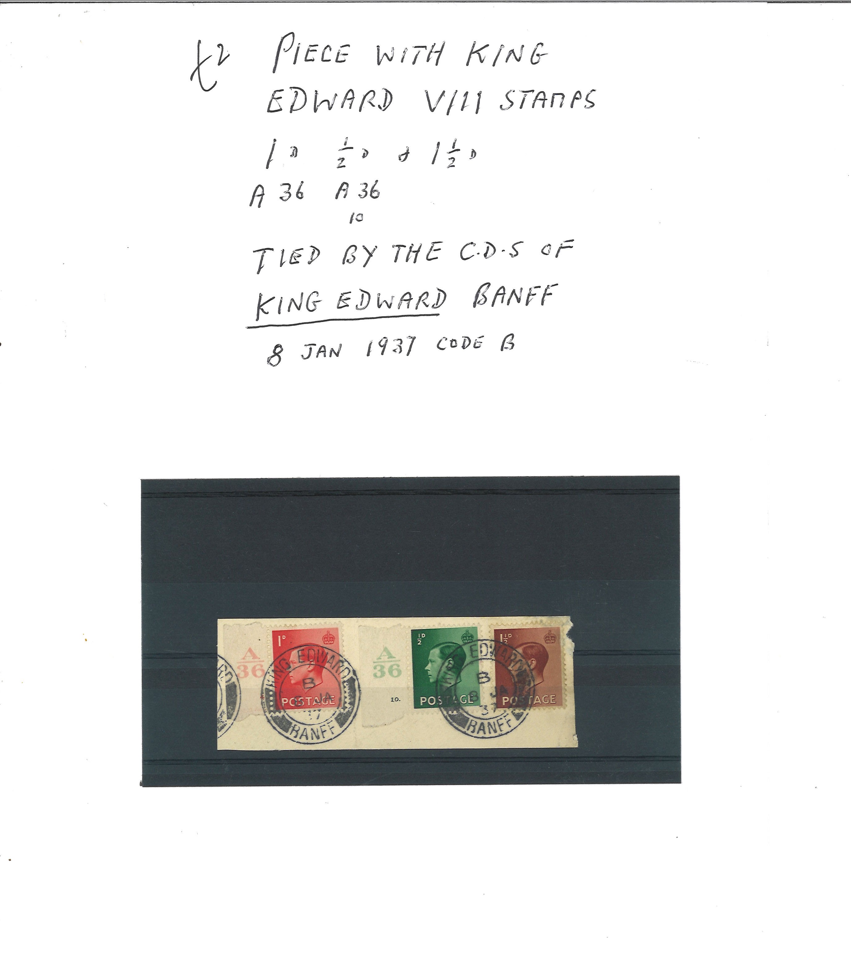 Edward VIII stamp collection on stock card. 3 used stamps. Tied by the CD's of King Edward Banff 8/