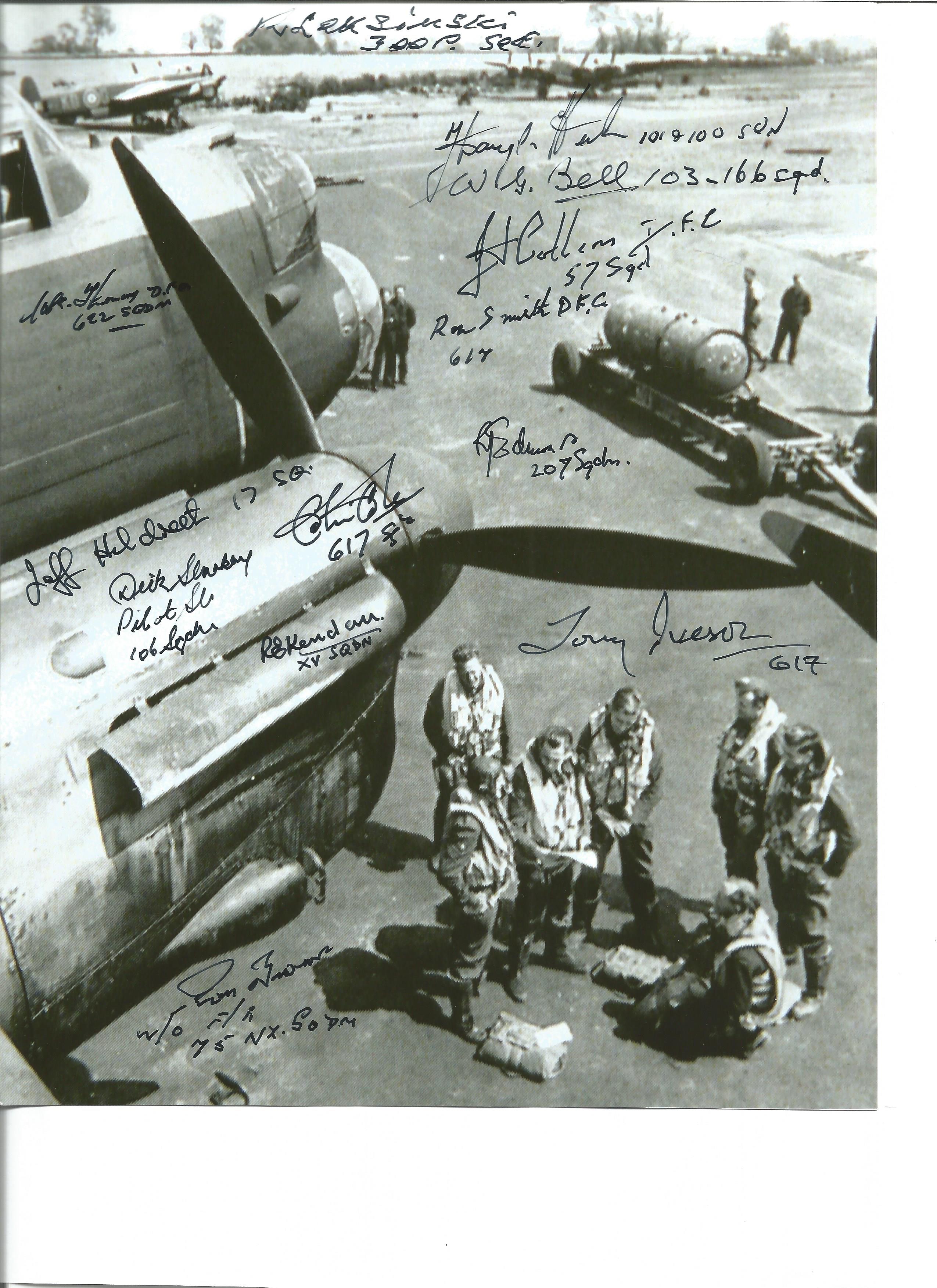 Multi signed 10x8 black and white Lancaster photo. Signed by 13 Bomber command veterans. Includes