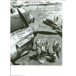 Multi signed 10x8 black and white Lancaster photo. Signed by 13 Bomber command veterans. Includes