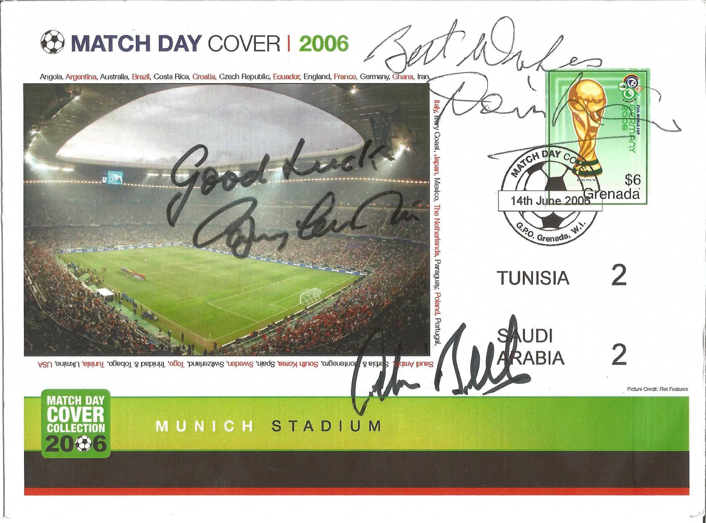 2006 World Cup Match Day FDC Tunisia v Saudi Arabia signed by Manchester legends Denis Law, Colin