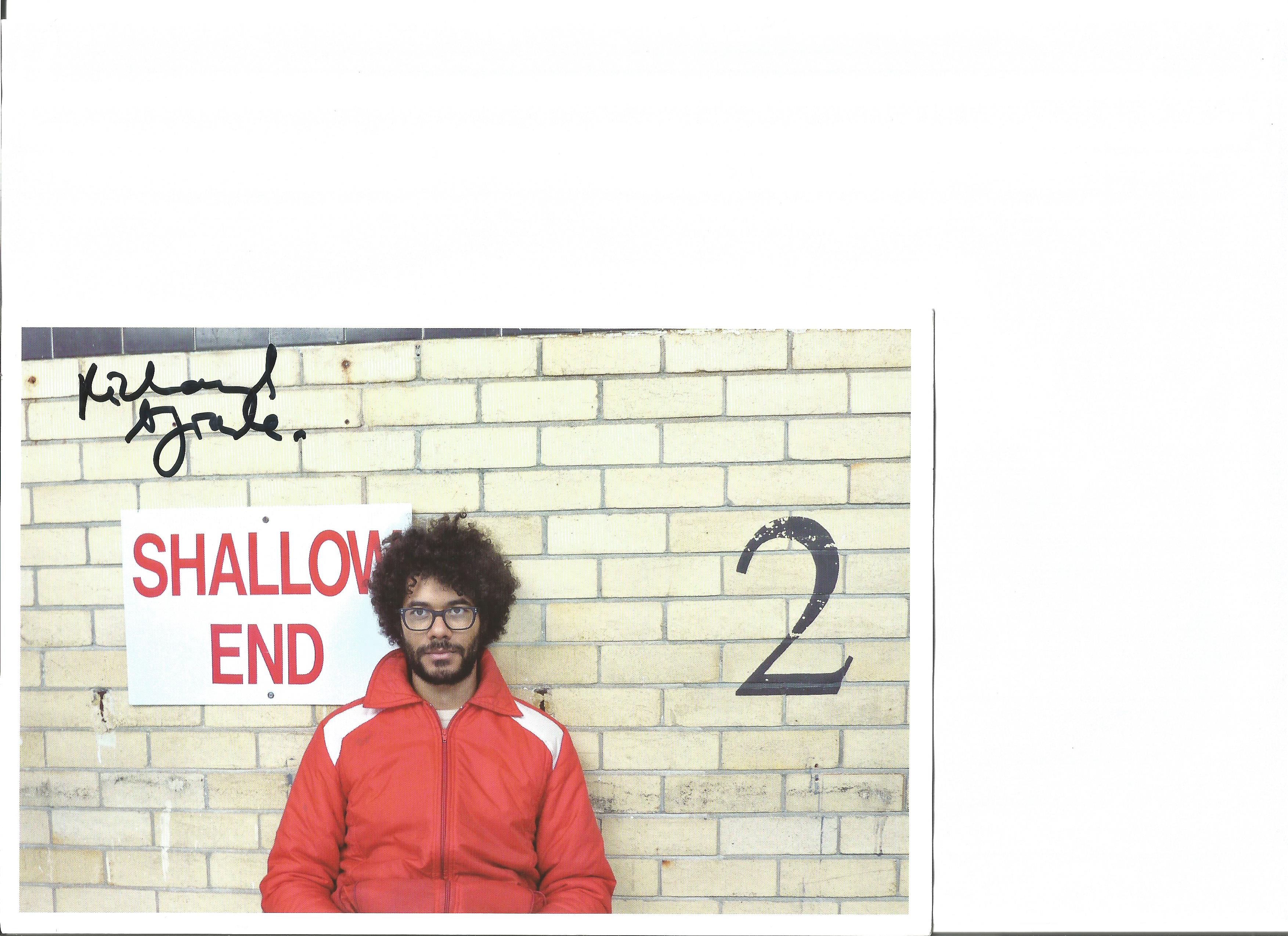 Richard Ayoade of The It Crowd signed 6x8 colour photo card Actor/Singer. Good Condition. All