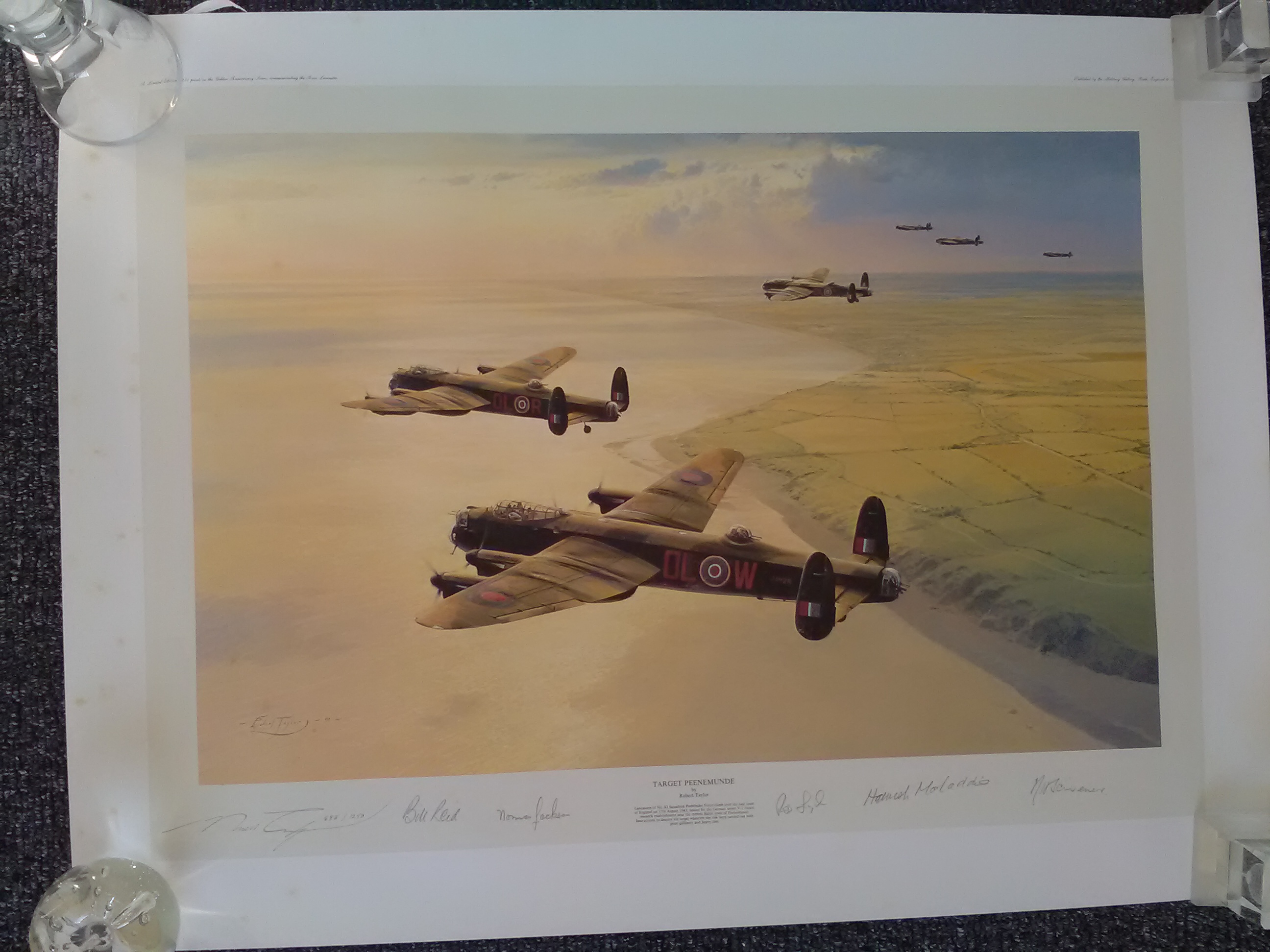 Target Peenemunde multiple signed WW2 Robert Taylor print. 33 x 25 inches. Numbered 588/1250. - Image 2 of 3