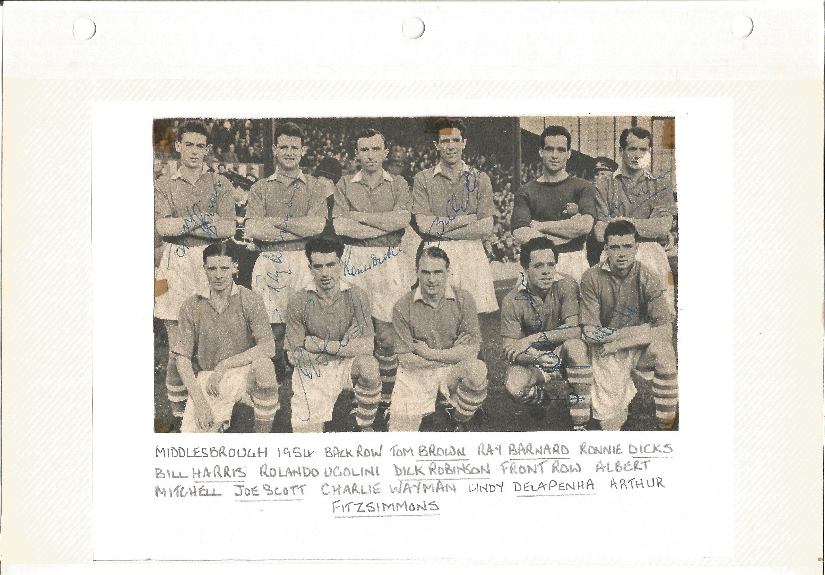 Football vintage team newspaper photo Middlesbrough 1954 8x6 fixed to album sleeve signed by team