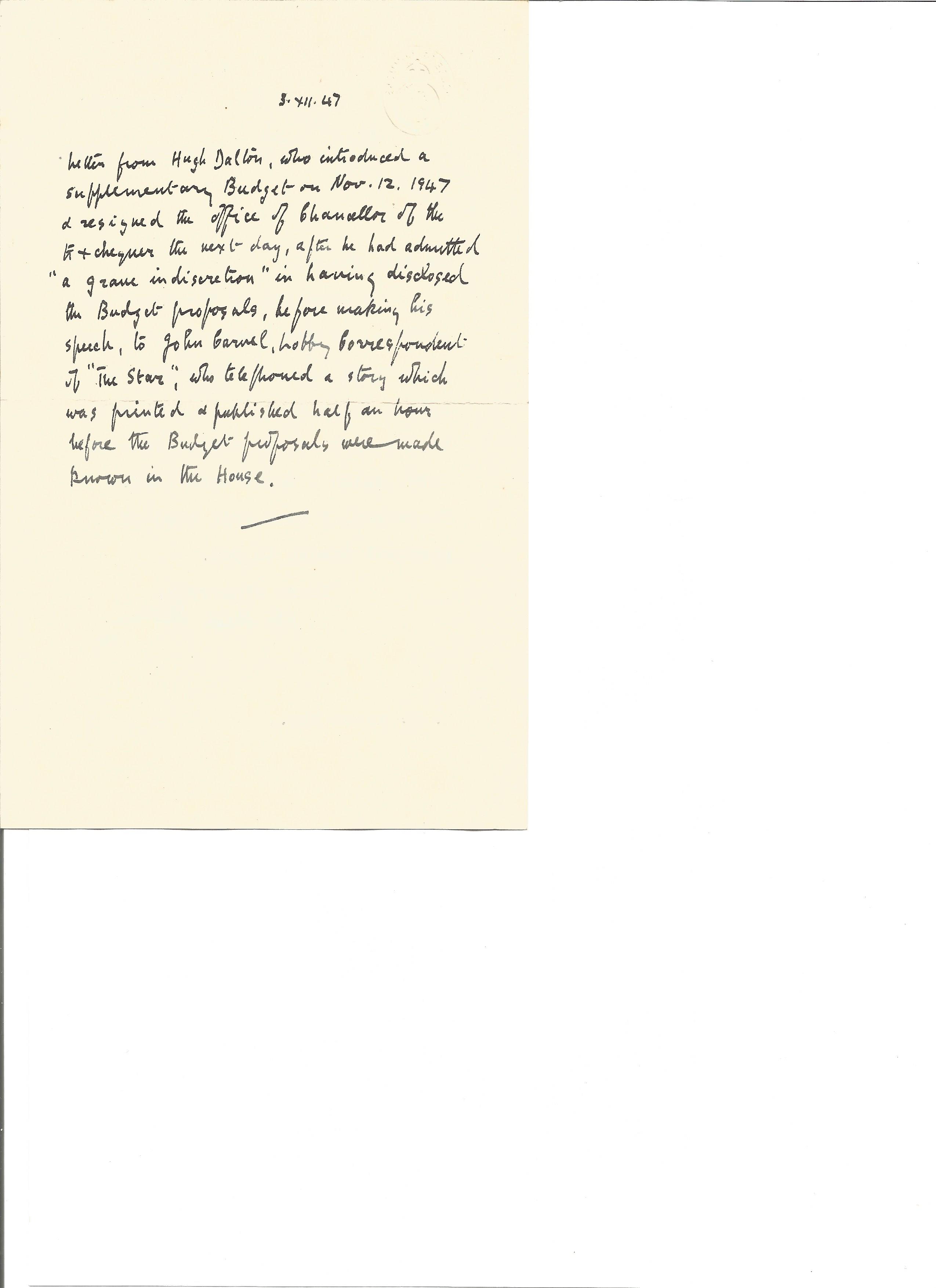 Letter from the office of Hugh Dalton. 16 August 1887 - 13 February 1962) was a British Labour Party - Image 2 of 2